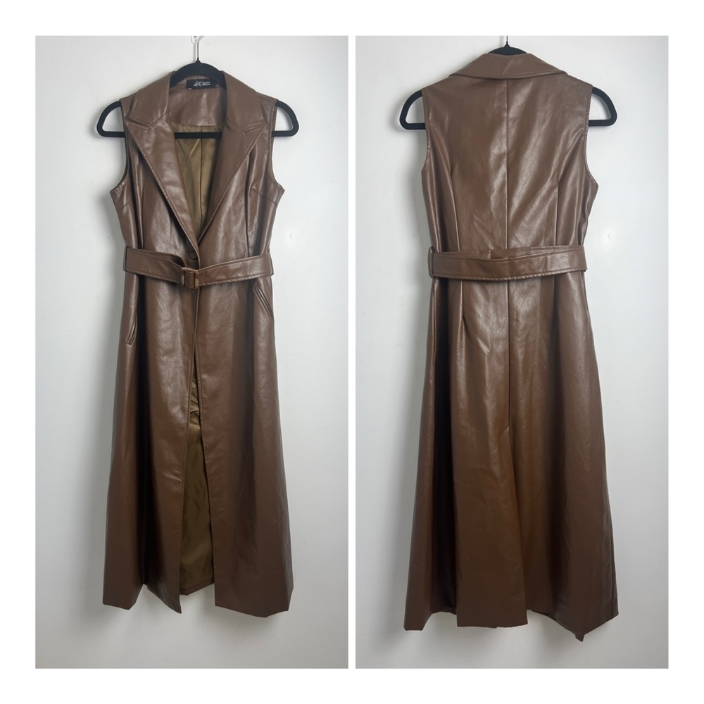 NEW SM Collection‎ Size Small Brown Vegan Leather Sleeveless Belted Dress